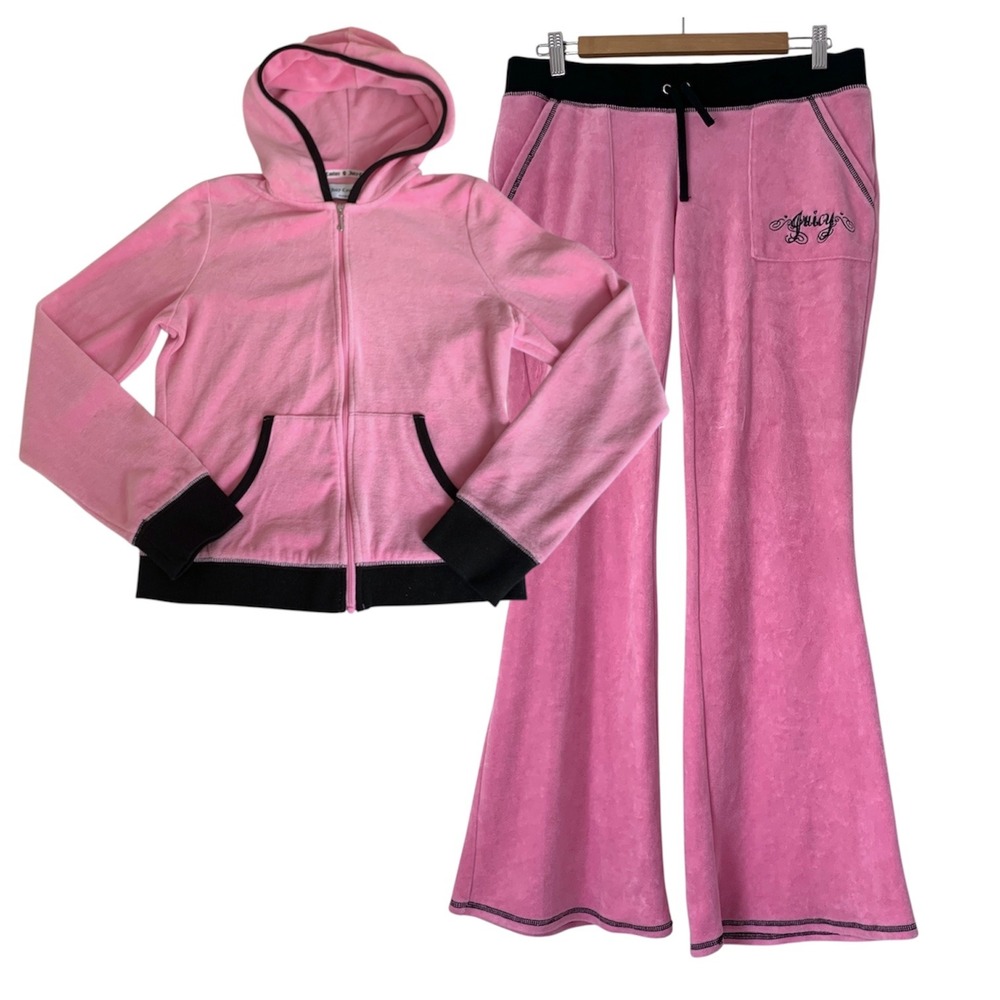 Juicy Couture Tracksuit Women M Pink Black Velour Y2K McBling Hoodie Flare Pants